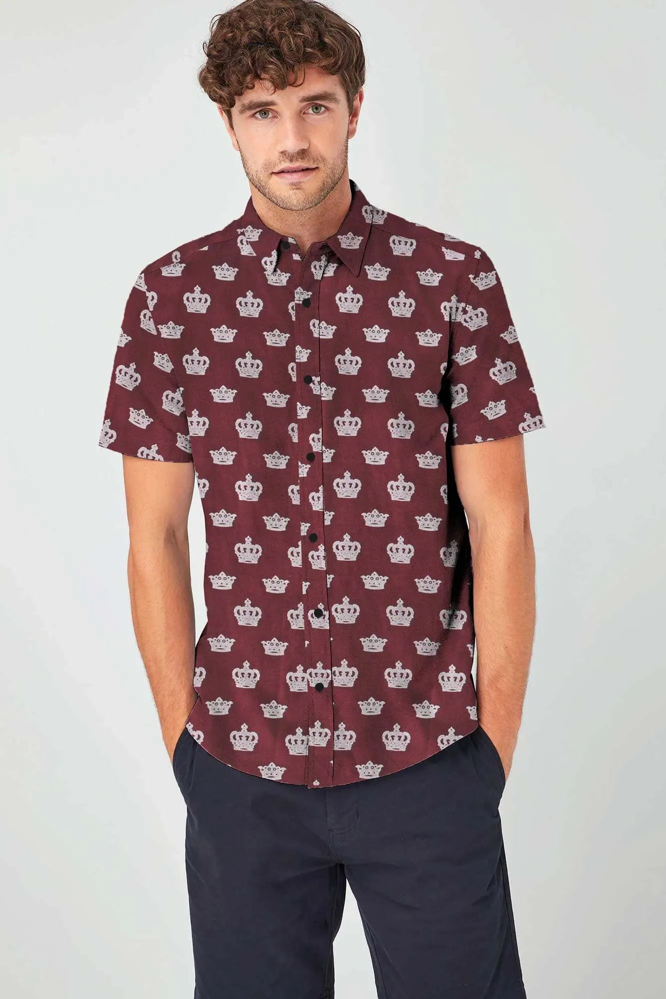 Fashion Men's Crown Printed Short Sleeve Slim Fit Casual Shirt