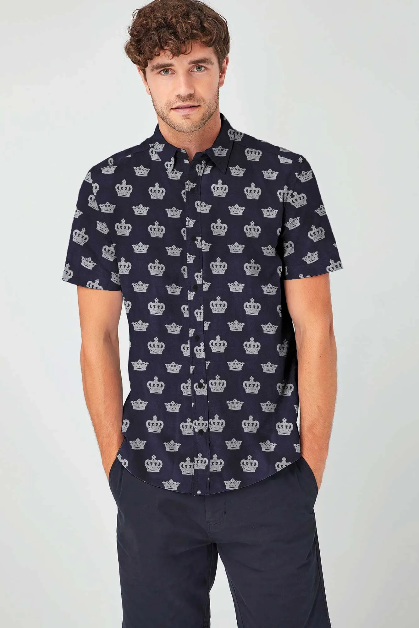 Fashion Men's Crown Printed Short Sleeve Slim Fit Casual Shirt