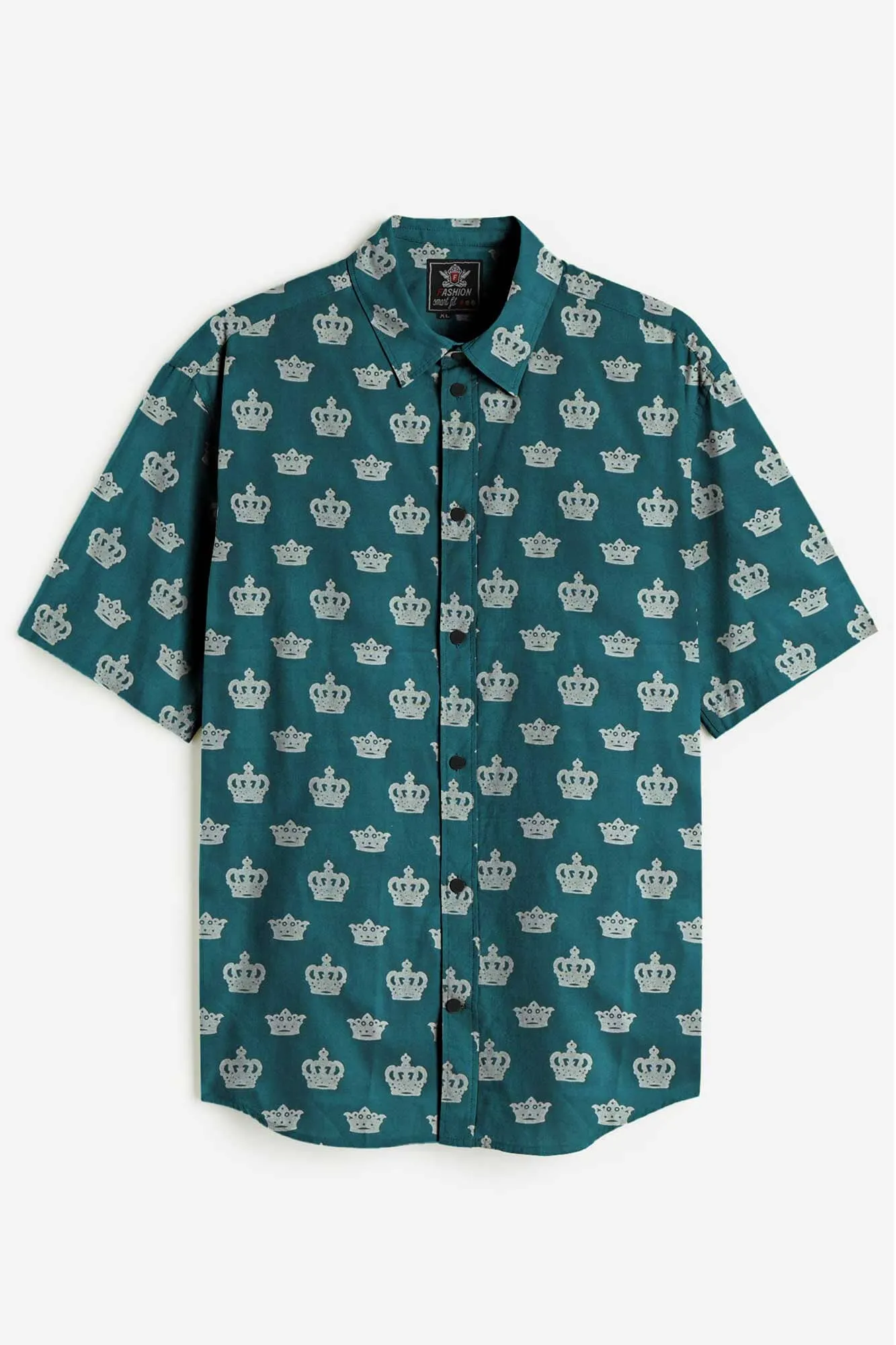 Fashion Men's Crown Printed Short Sleeve Slim Fit Casual Shirt