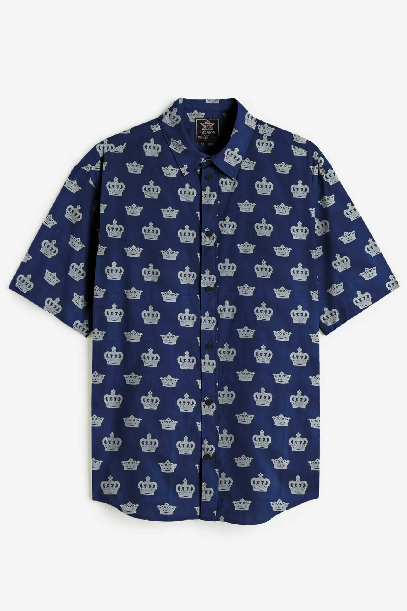 Fashion Men's Crown Printed Short Sleeve Slim Fit Casual Shirt