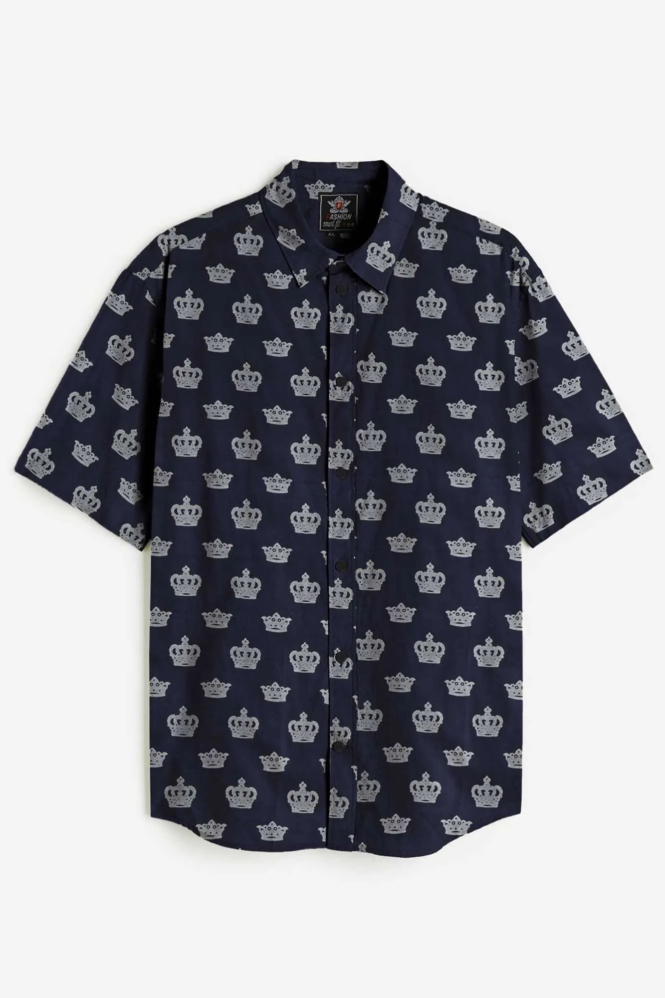 Fashion Men's Crown Printed Short Sleeve Slim Fit Casual Shirt
