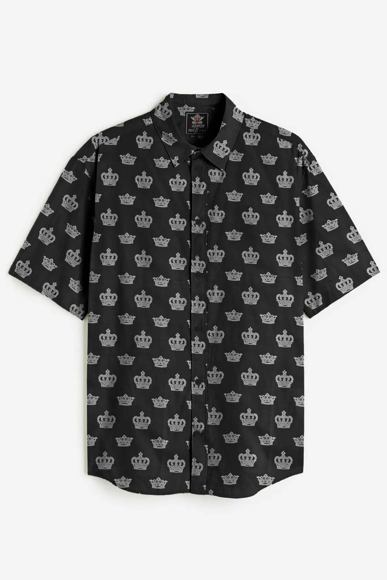 Fashion Men's Crown Printed Short Sleeve Slim Fit Casual Shirt