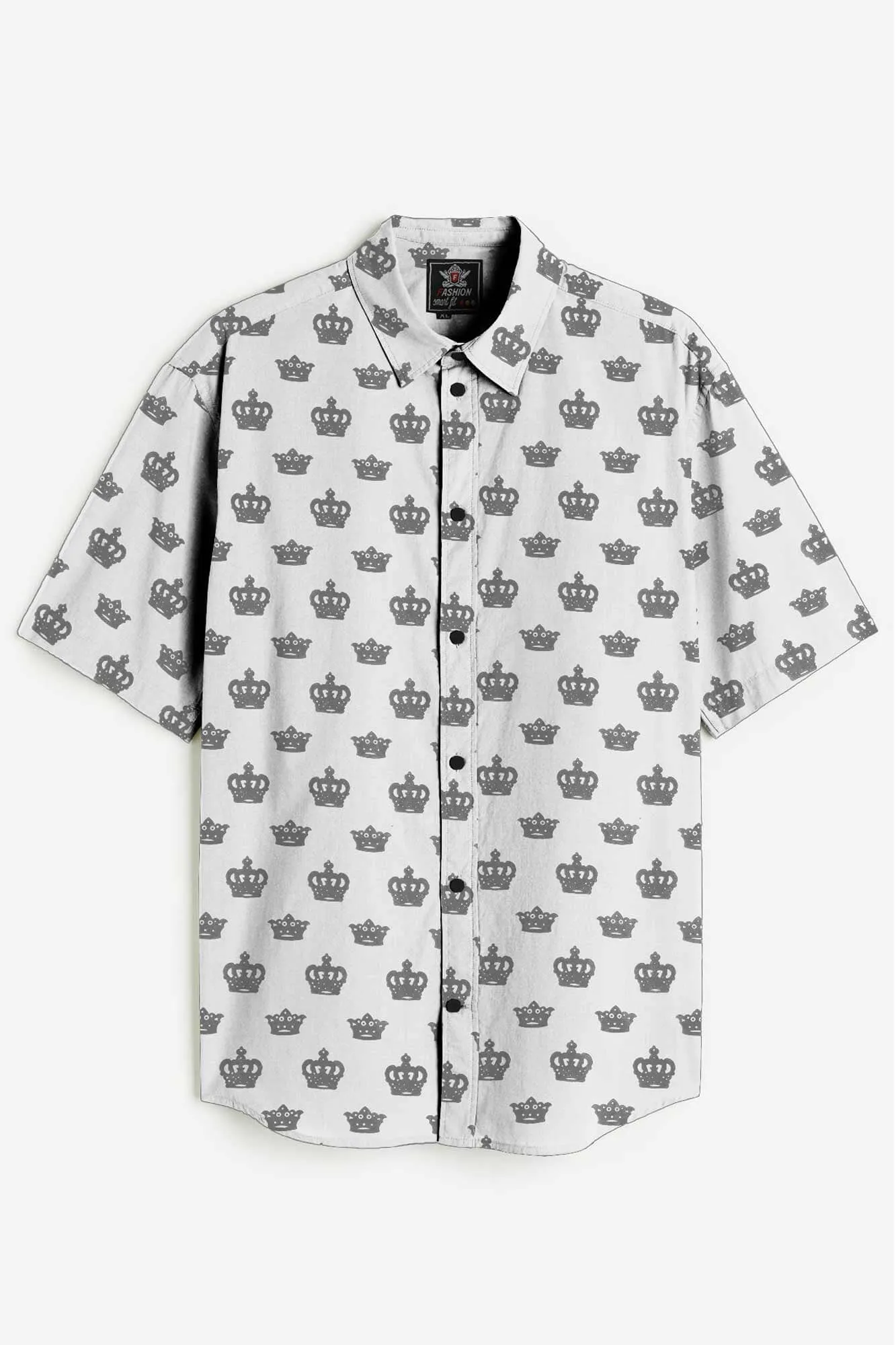 Fashion Men's Crown Printed Short Sleeve Slim Fit Casual Shirt