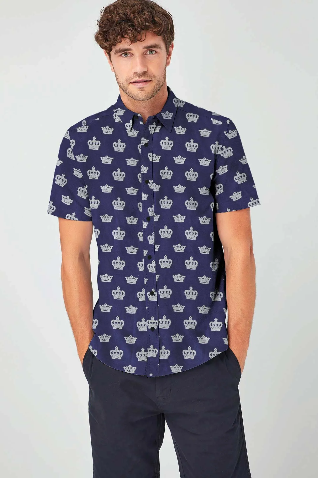 Fashion Men's Crown Printed Short Sleeve Slim Fit Casual Shirt