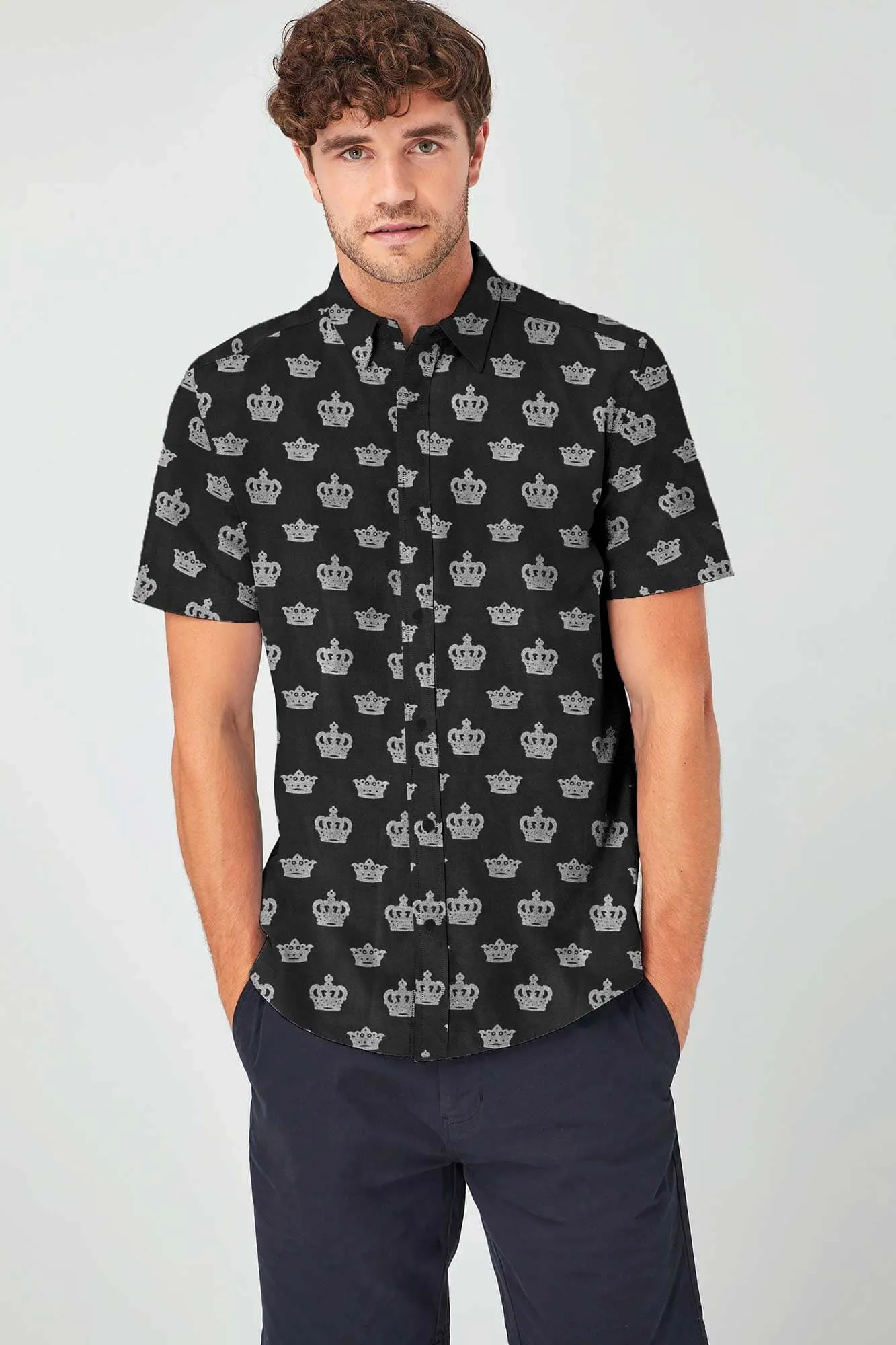 Fashion Men's Crown Printed Short Sleeve Slim Fit Casual Shirt