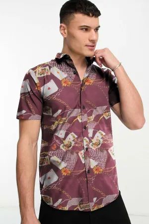Fashion Men's Playing Card Printed Slim Fit Casual Shirt