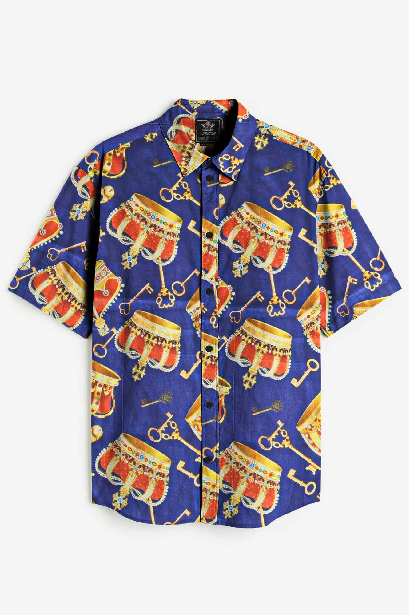 Fashion Men's Royal Crown Printed Short Sleeve Slim Fit Casual Shirt