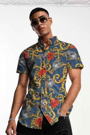 Fashion Men's Tiger & Queen Printed Short Sleeve Slim Fit Casual Shirt