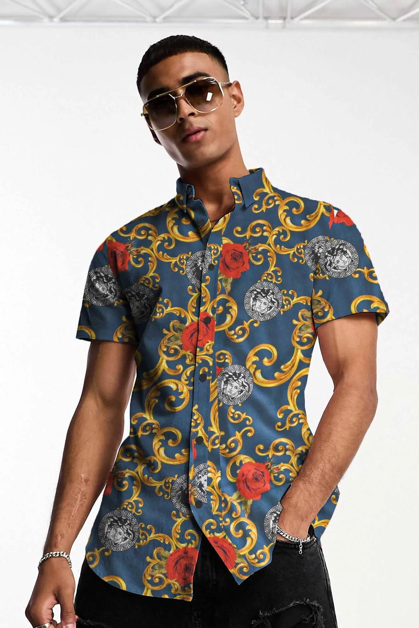 Fashion Men's Tiger & Queen Printed Short Sleeve Slim Fit Casual Shirt