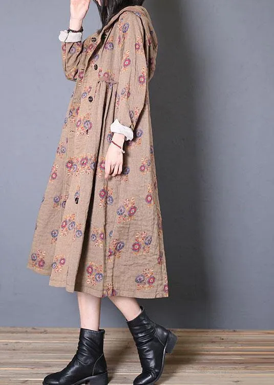 Fashion oversized coat fall khaki print hooded Cinched Coats