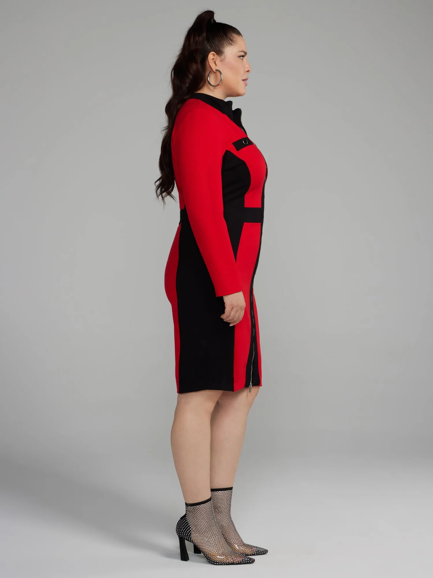 Fashion To Figure - Zipper Front Colorblock Ponte Knit Dress