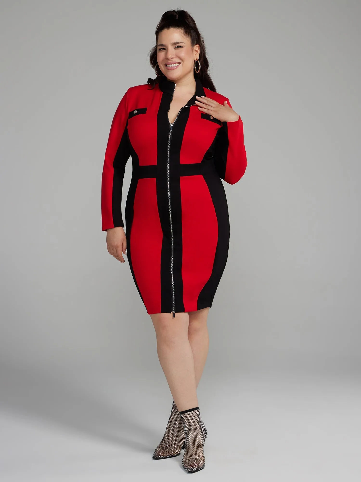 Fashion To Figure - Zipper Front Colorblock Ponte Knit Dress