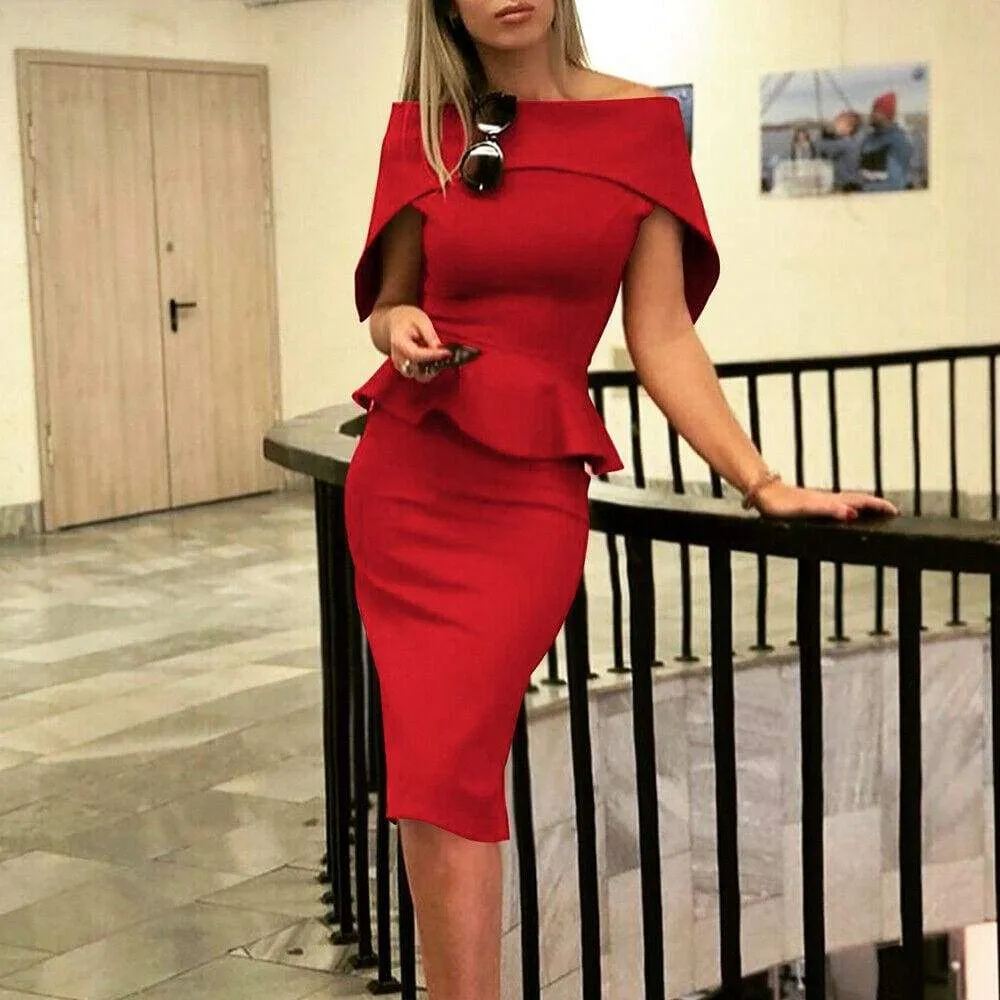 FashionSierra - Women Elegant Summer Off Shoulder Ruffle Midi Dress Formal Work Office OL Ladies Bodycon Slim Pencil Dress
