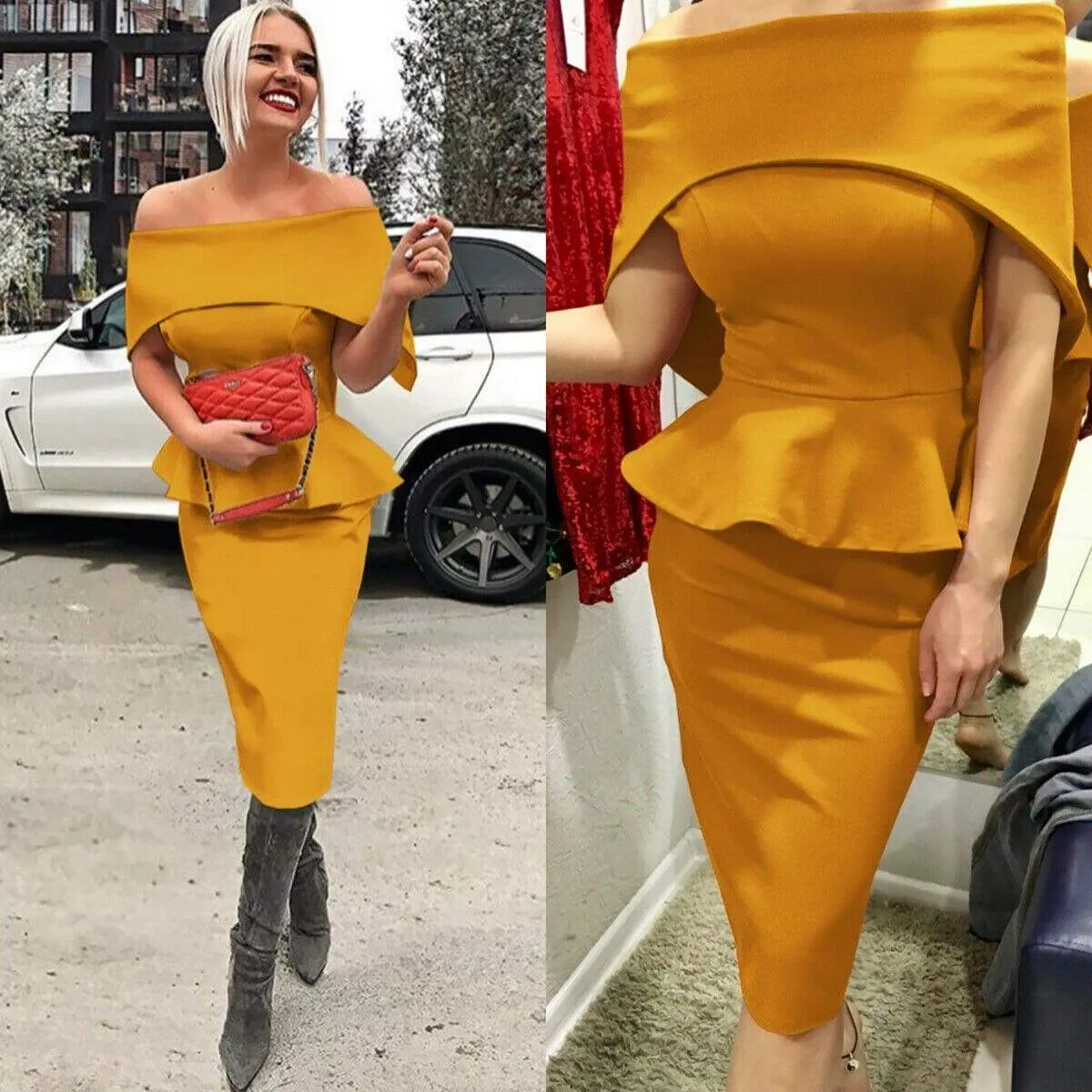 FashionSierra - Women Elegant Summer Off Shoulder Ruffle Midi Dress Formal Work Office OL Ladies Bodycon Slim Pencil Dress