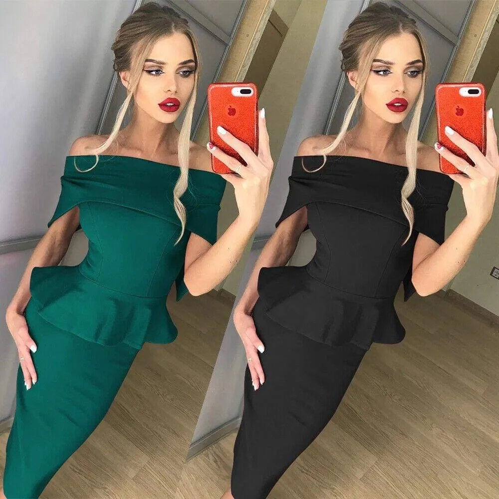 FashionSierra - Women Elegant Summer Off Shoulder Ruffle Midi Dress Formal Work Office OL Ladies Bodycon Slim Pencil Dress