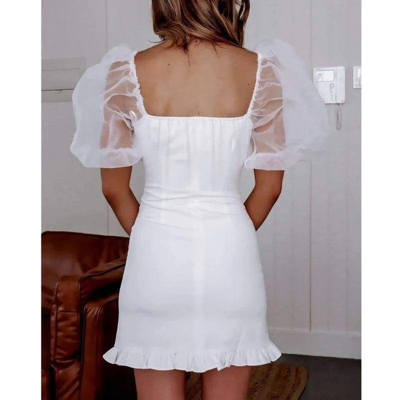 FashionSierra - Women Lady Mesh Puff Short Sleeve Bodycon Slim Mini Dress Summer Beach Holiday Party Package Hip Slim Dresses