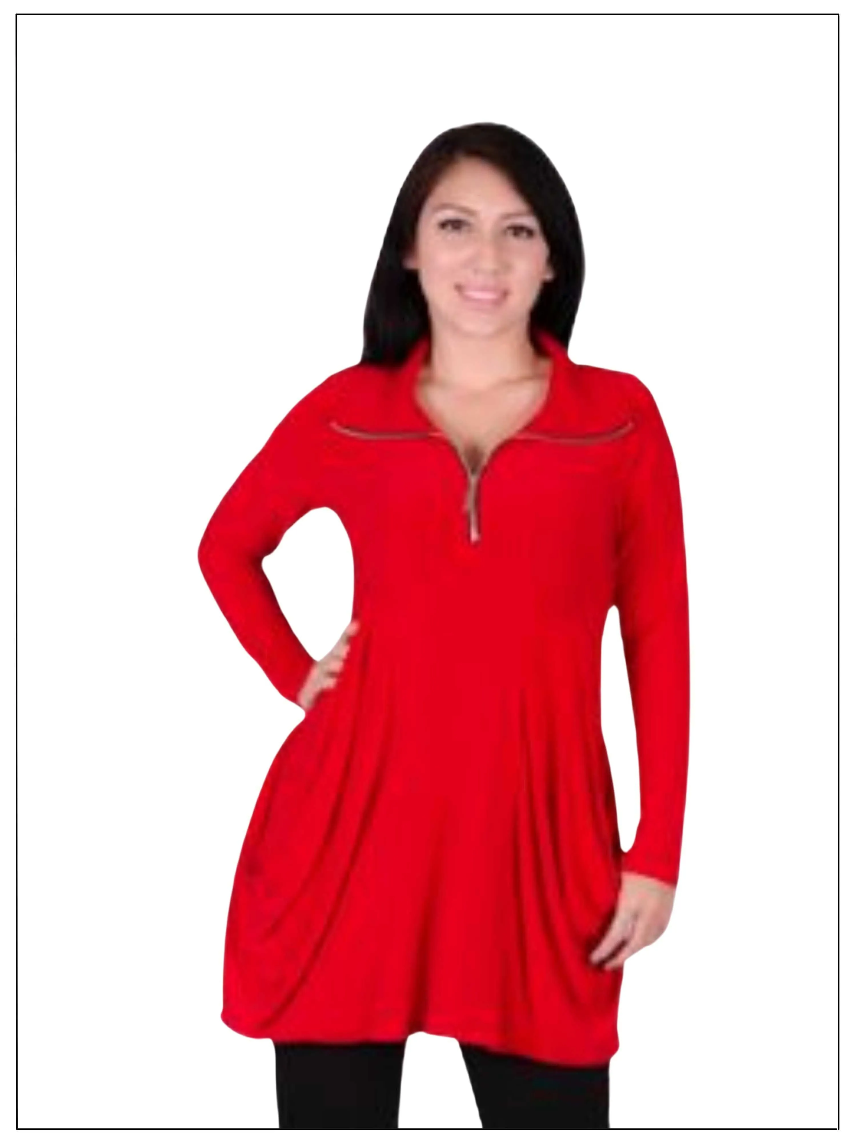 FASHQUE - Tunic Long Sleeves Kangaroo Pocket Zipper Front Tunic in PRINTS - T627 SALE