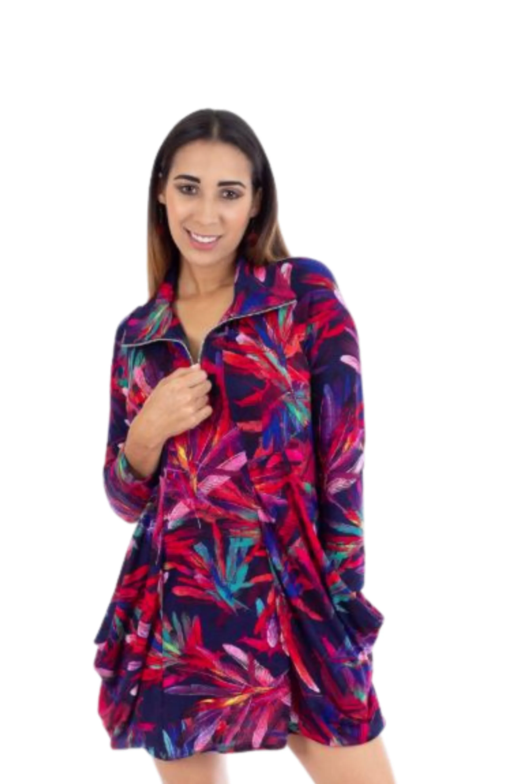 FASHQUE - Tunic Long Sleeves Kangaroo Pocket Zipper Front Tunic in PRINTS - T627 SALE