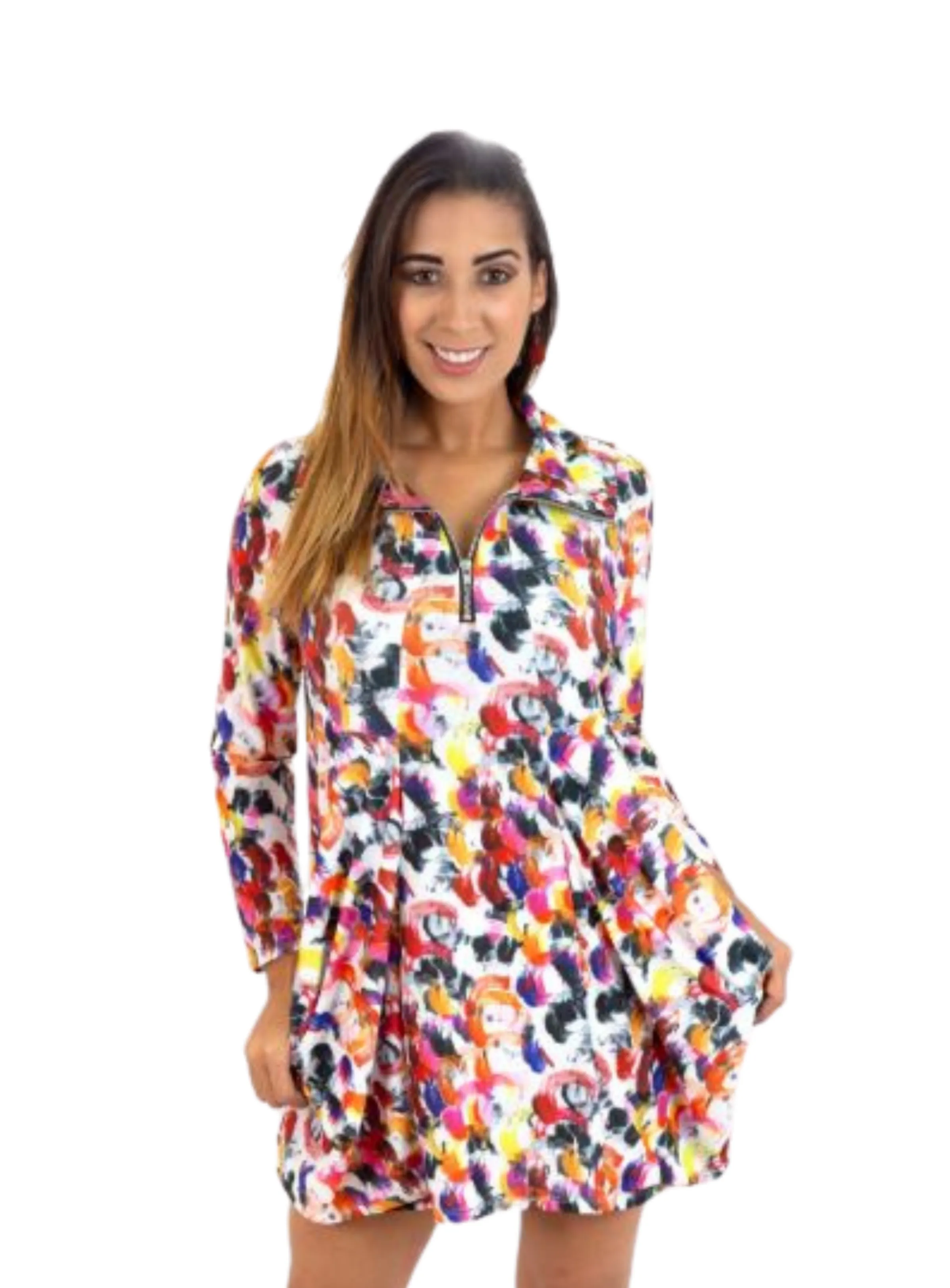 FASHQUE - Tunic Long Sleeves Kangaroo Pocket Zipper Front Tunic in PRINTS - T627 SALE