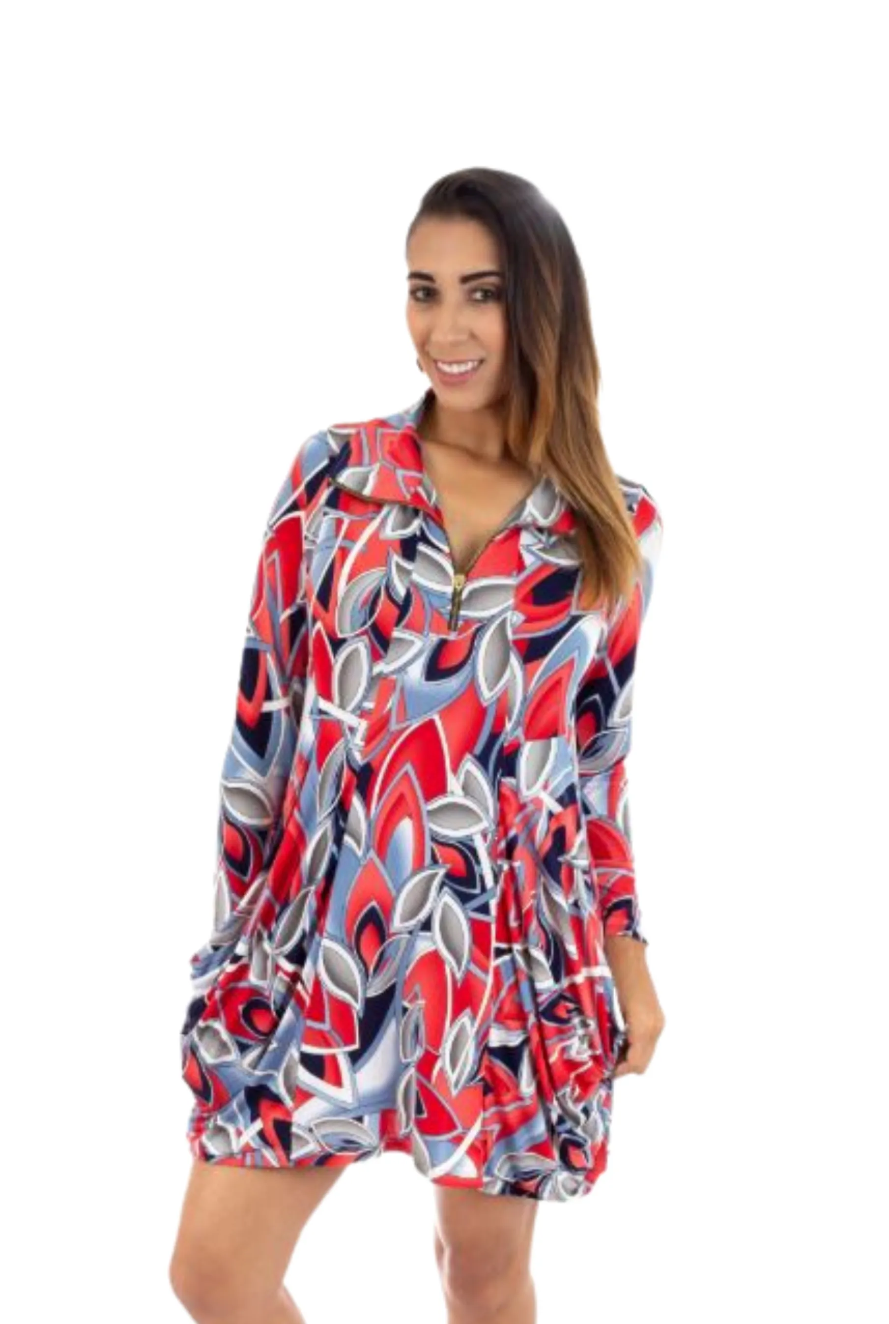 FASHQUE - Tunic Long Sleeves Kangaroo Pocket Zipper Front Tunic in PRINTS - T627 SALE