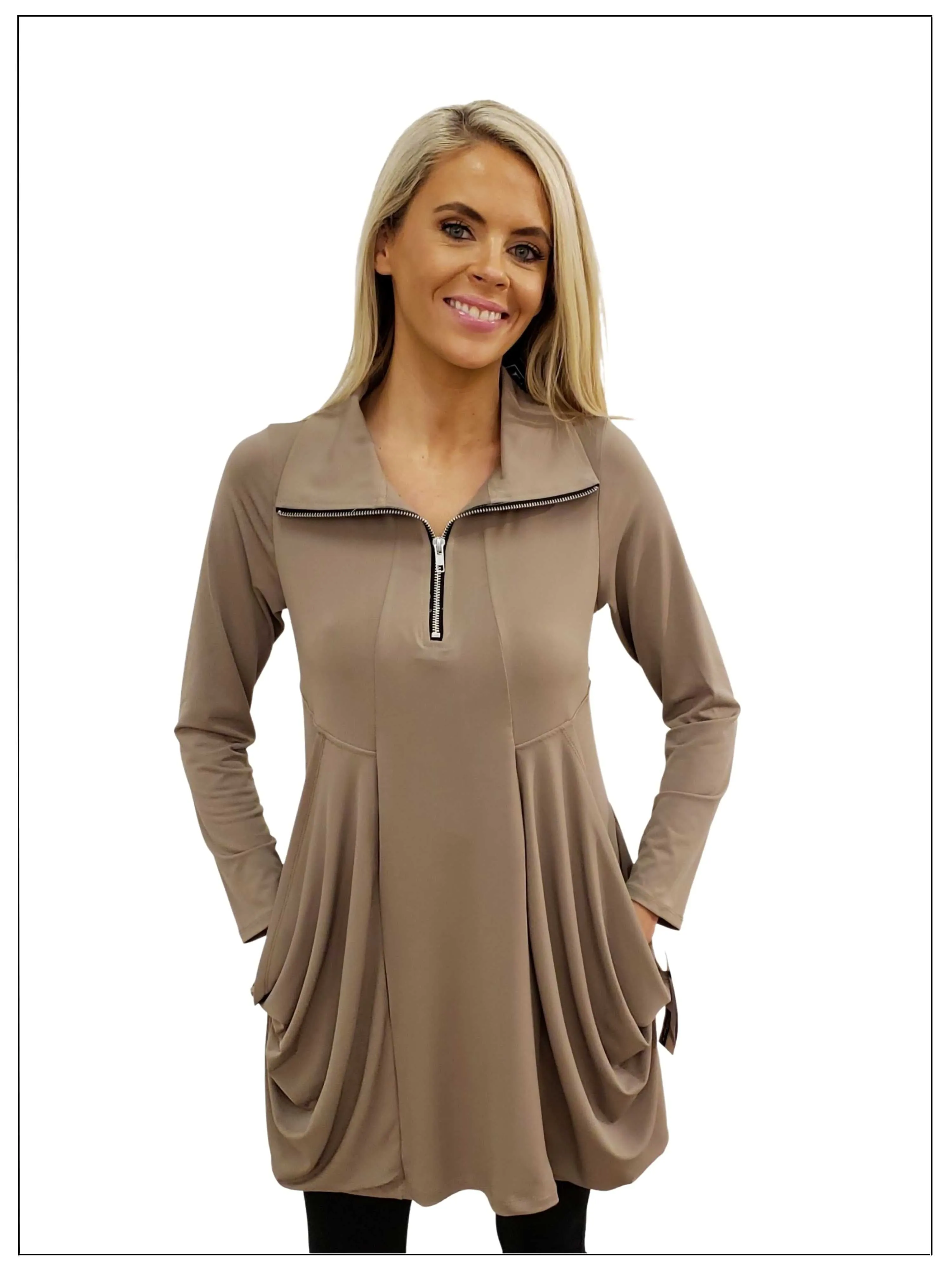 FASHQUE - Tunic Long Sleeves Kangaroo Pocket Zipper Front Tunic in PRINTS - T627 SALE