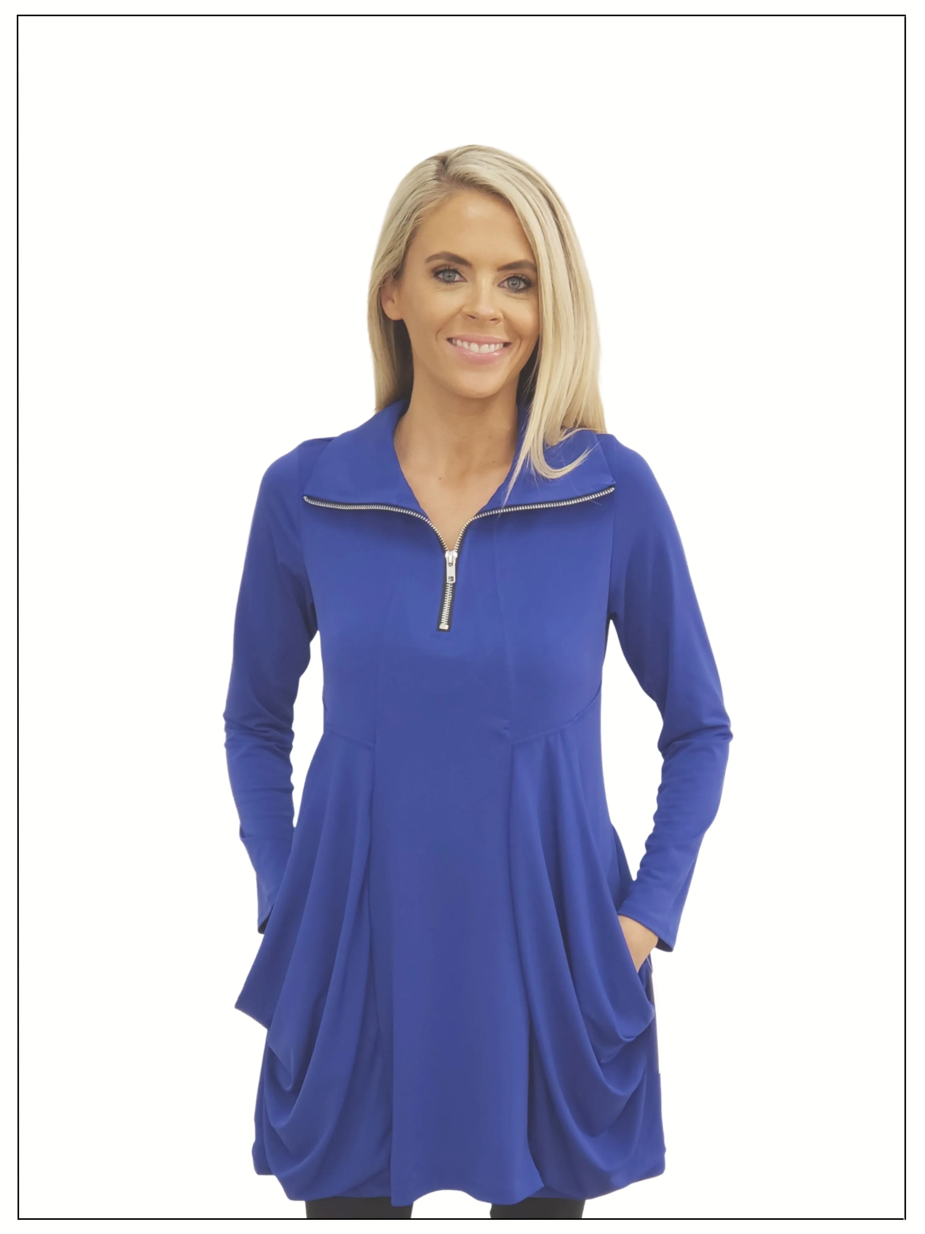 FASHQUE - Tunic Long Sleeves Kangaroo Pocket Zipper Front Tunic in PRINTS - T627 SALE