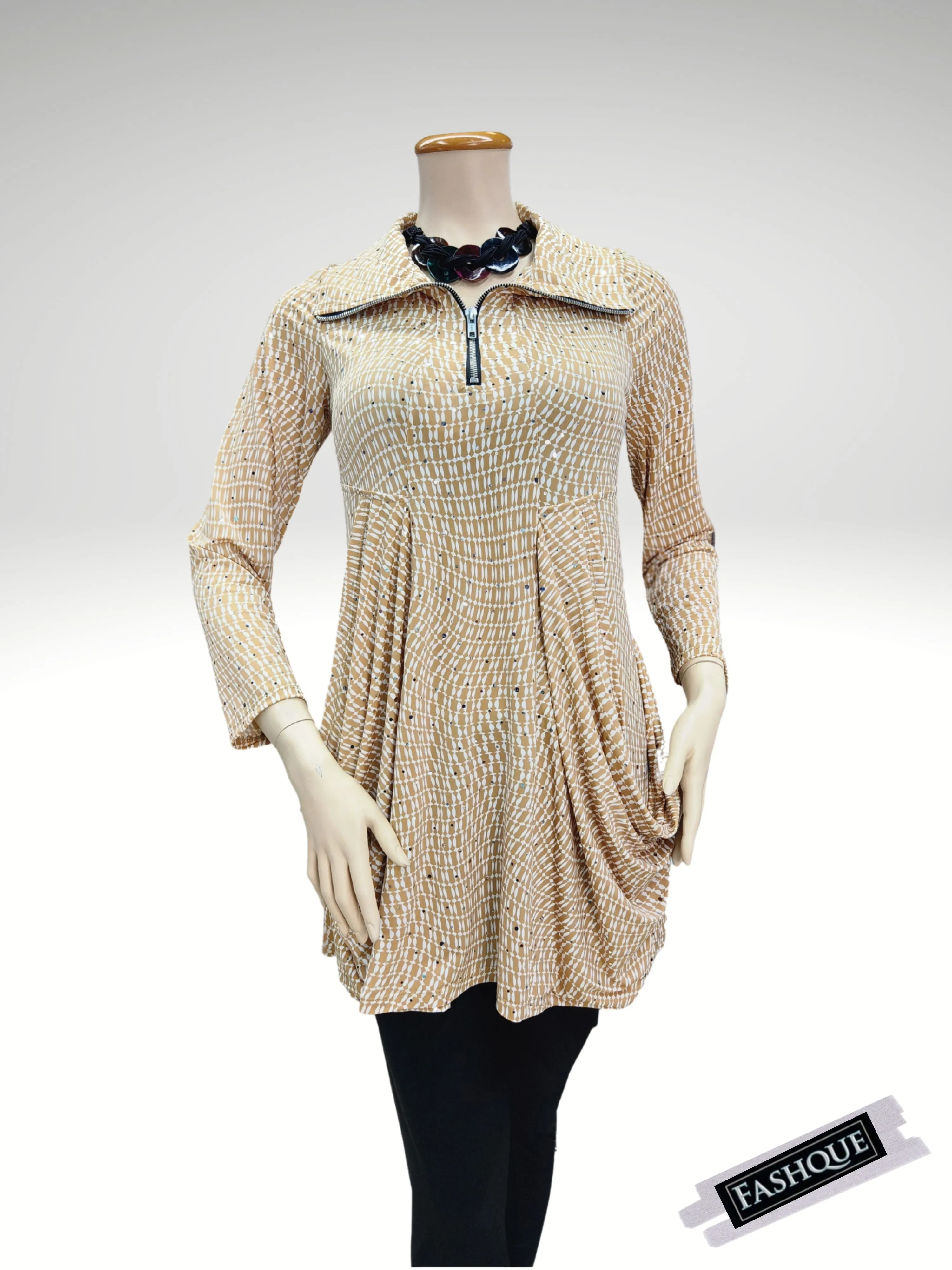 FASHQUE - Tunic Long Sleeves Kangaroo Pocket Zipper Front Tunic in PRINTS - T627 SALE