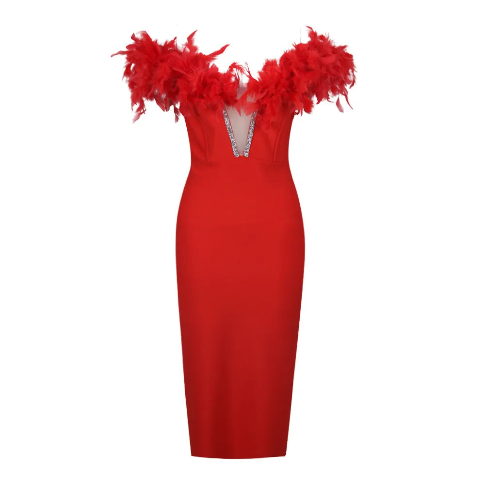 Faux Feather Off Shoulder Midi Bandage Dress