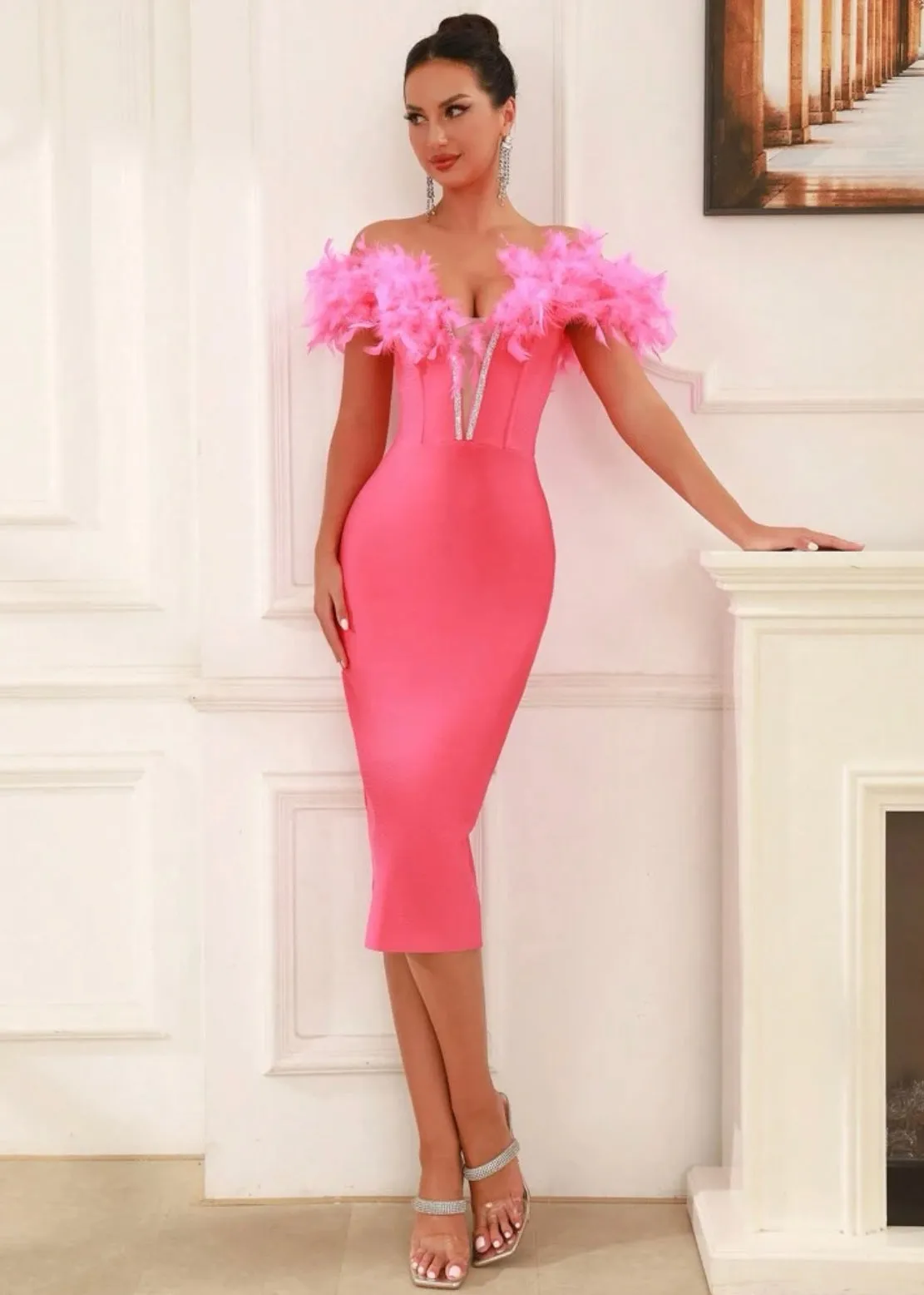 Faux Feather Off Shoulder Midi Bandage Dress