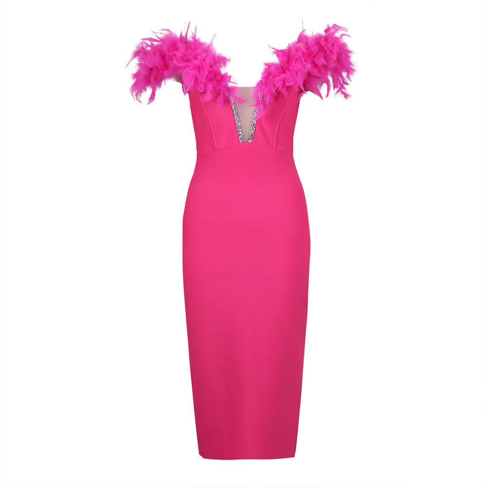 Faux Feather Off Shoulder Midi Bandage Dress