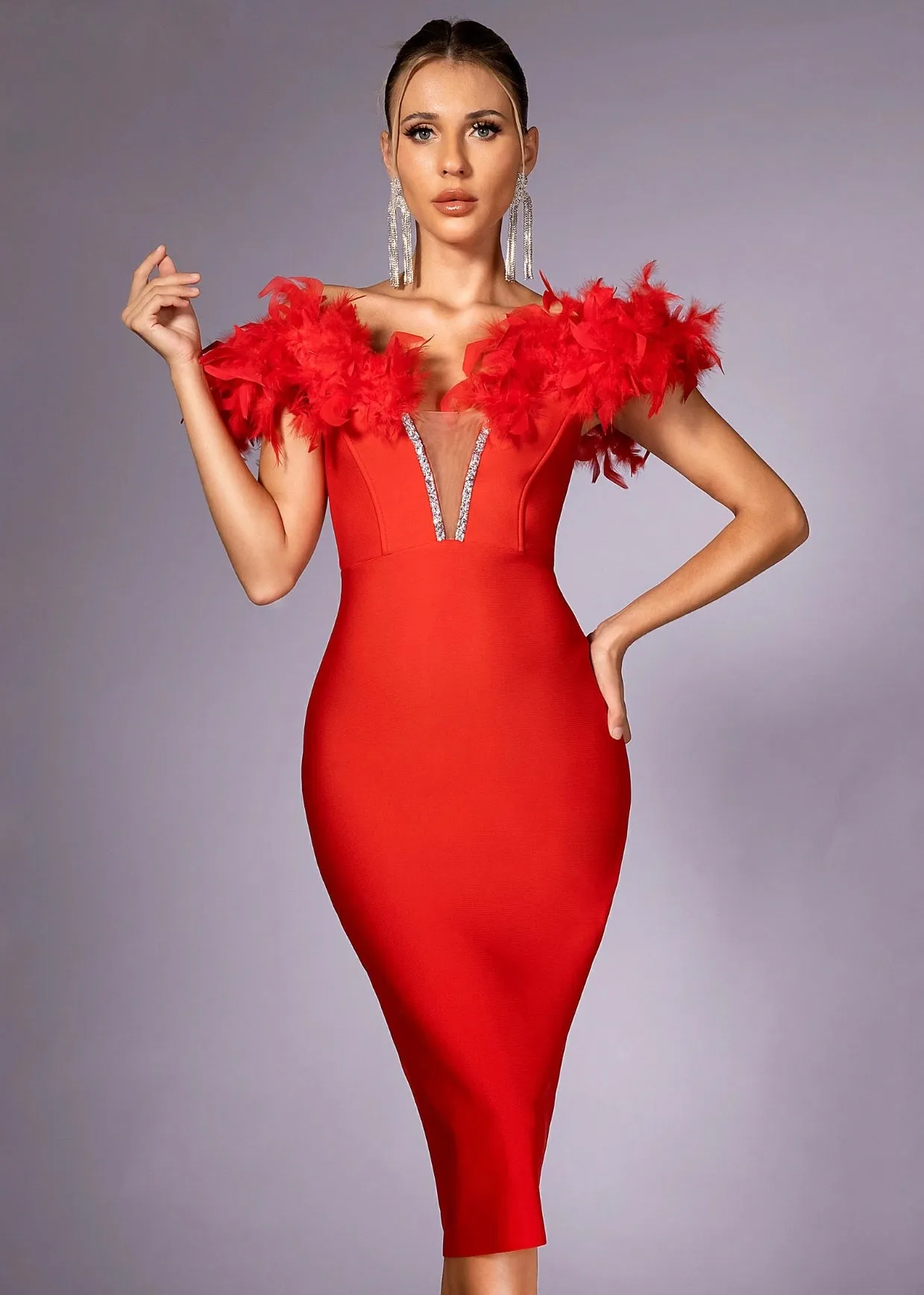 Faux Feather Off Shoulder Midi Bandage Dress