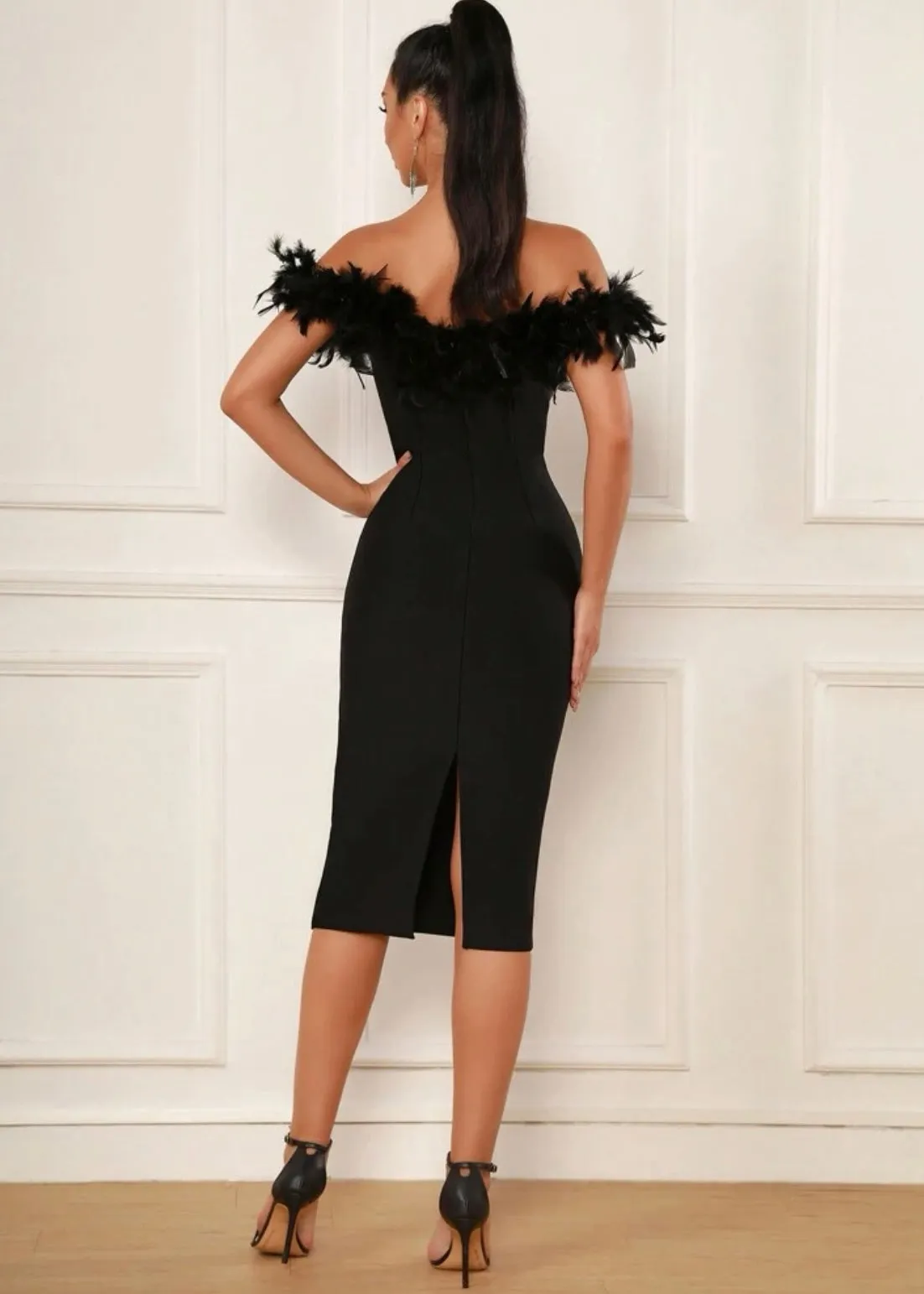 Faux Feather Off Shoulder Midi Bandage Dress