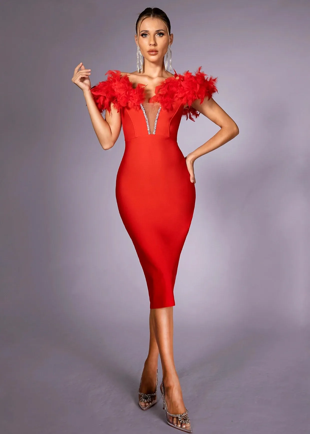 Faux Feather Off Shoulder Midi Bandage Dress