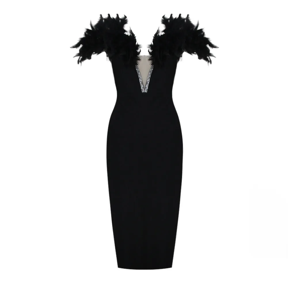 Faux Feather Off Shoulder Midi Bandage Dress