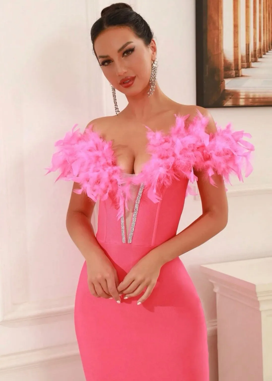 Faux Feather Off Shoulder Midi Bandage Dress