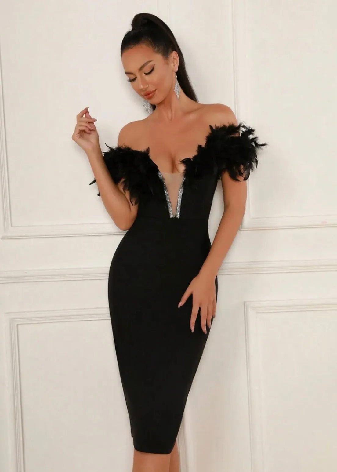Faux Feather Off Shoulder Midi Bandage Dress