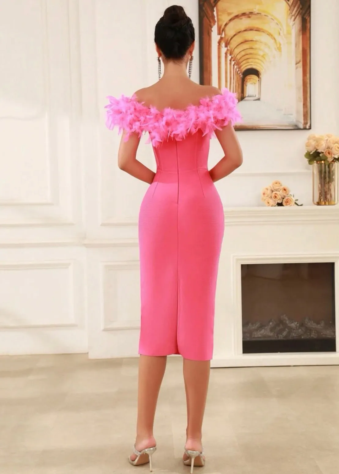 Faux Feather Off Shoulder Midi Bandage Dress