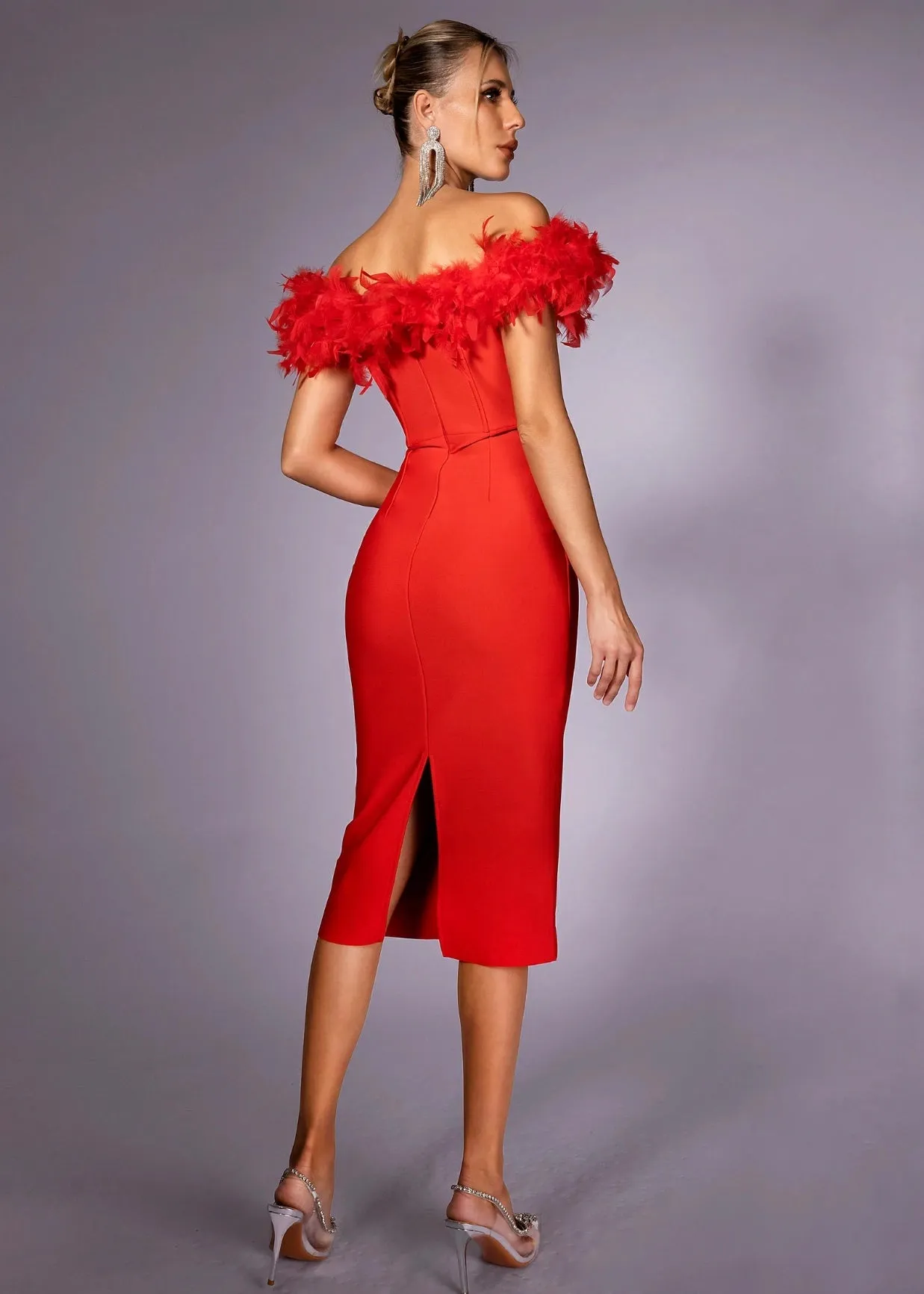 Faux Feather Off Shoulder Midi Bandage Dress
