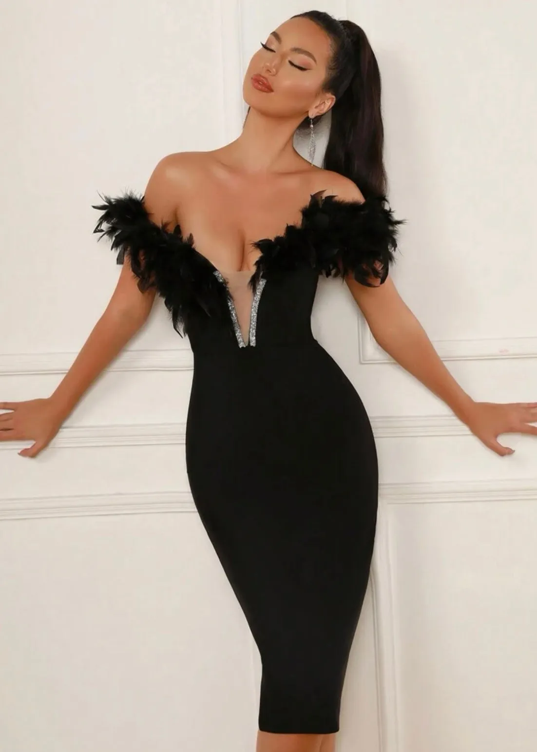 Faux Feather Off Shoulder Midi Bandage Dress