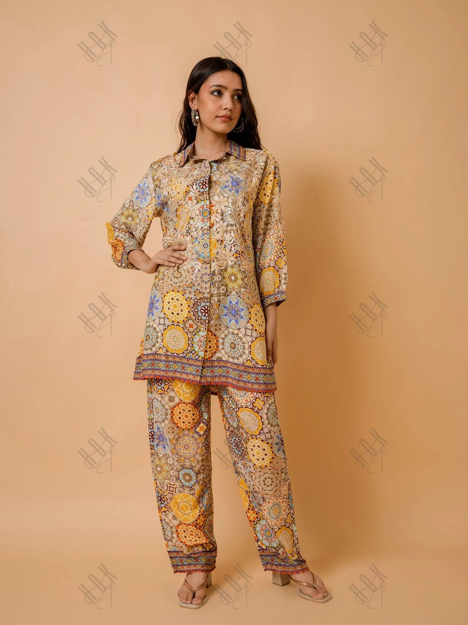 Fizaa Light Orange Silk Print Set with Beige Hand Embroidery