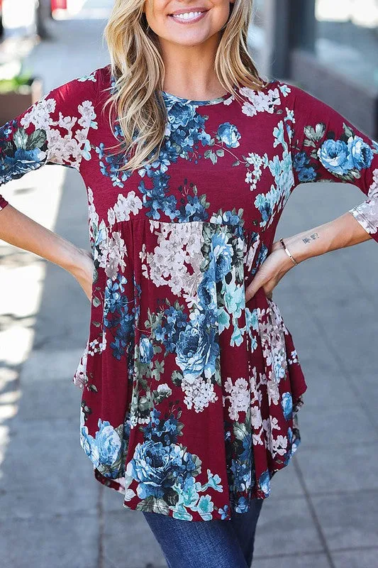 Floral Baby Doll Tunic- Burgundy