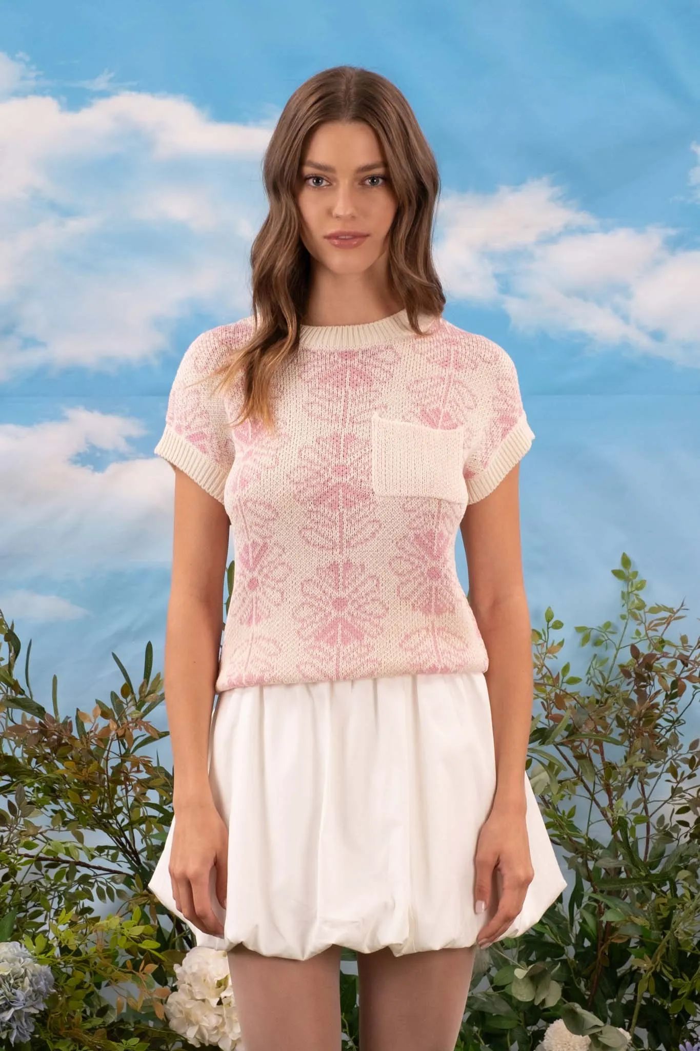 FLORAL CREW NECK SLEEVELESS KNIT PULLOVER