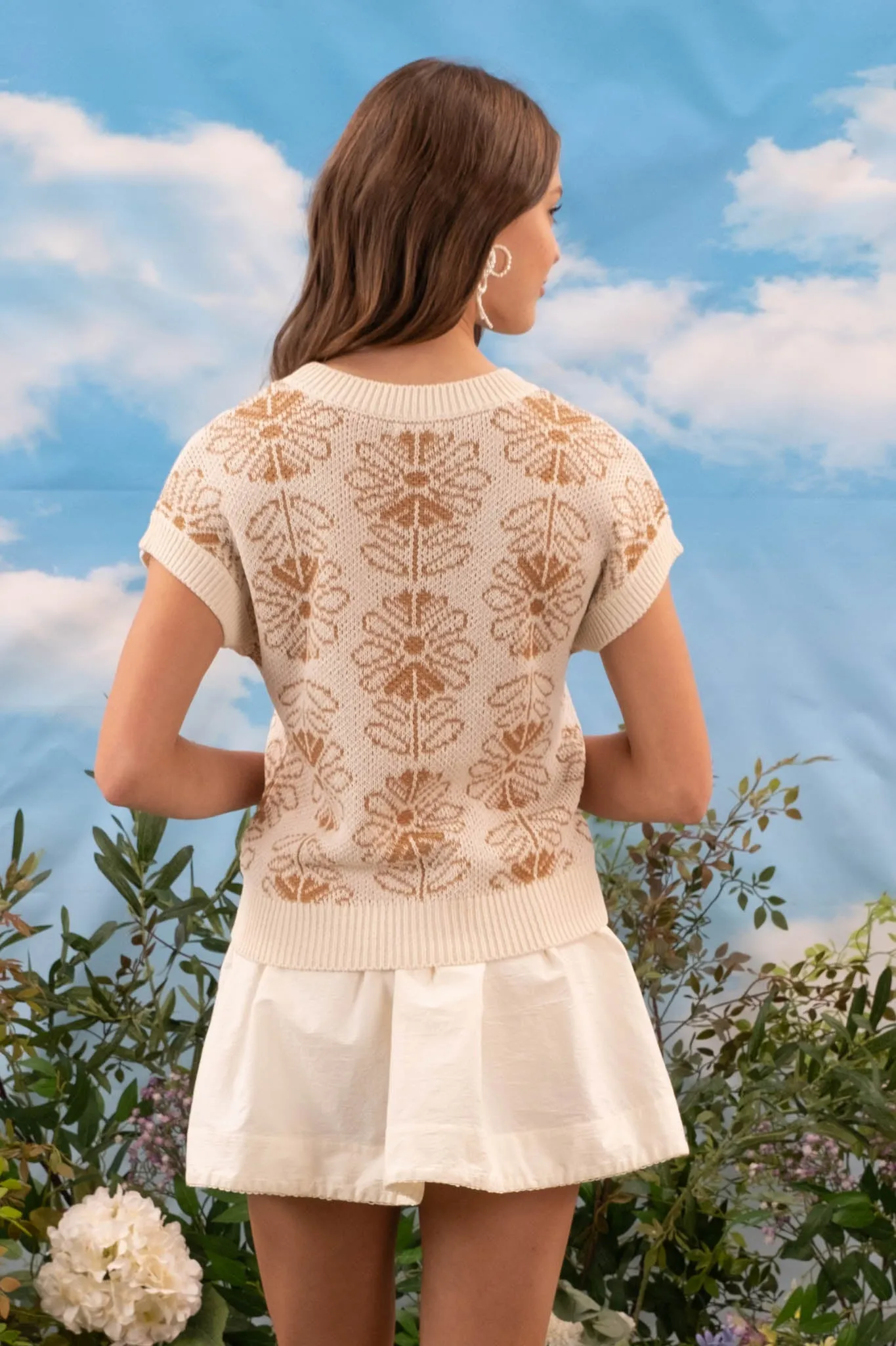 FLORAL CREW NECK SLEEVELESS KNIT PULLOVER
