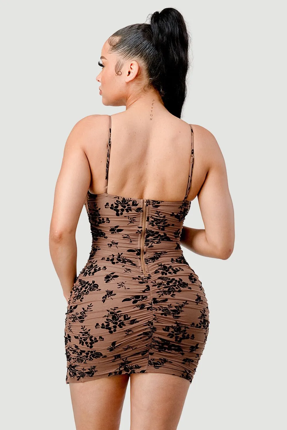 FLORAL LACE MESH SEE-THRU RUCHED SLIT MINI DRESS