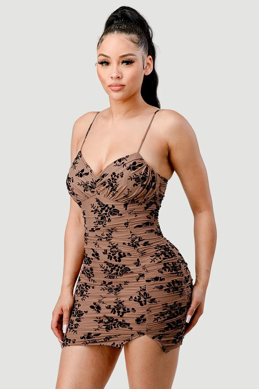 FLORAL LACE MESH SEE-THRU RUCHED SLIT MINI DRESS