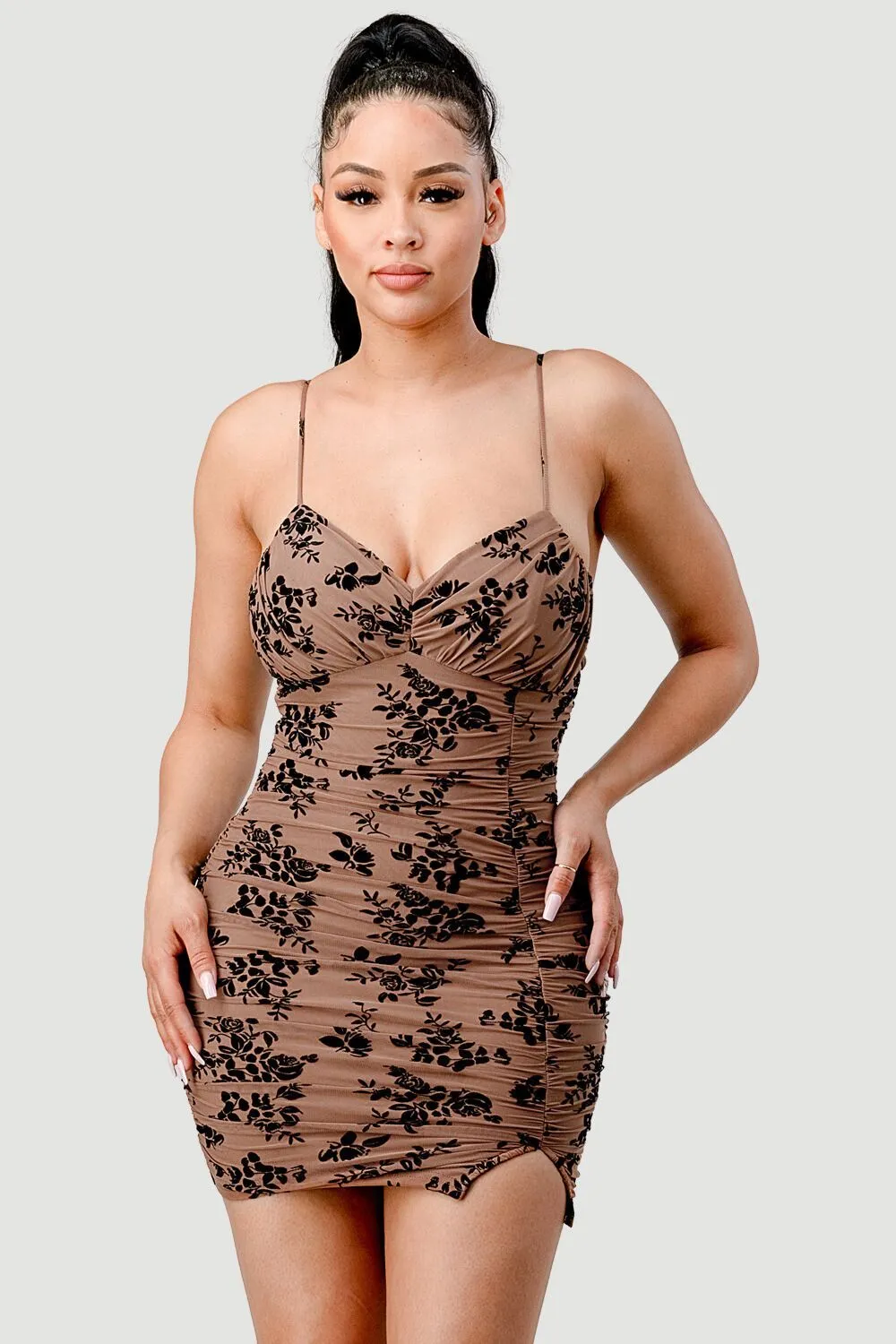FLORAL LACE MESH SEE-THRU RUCHED SLIT MINI DRESS