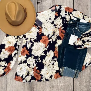 Floral Print V-Neck Long Sleeve Blouse