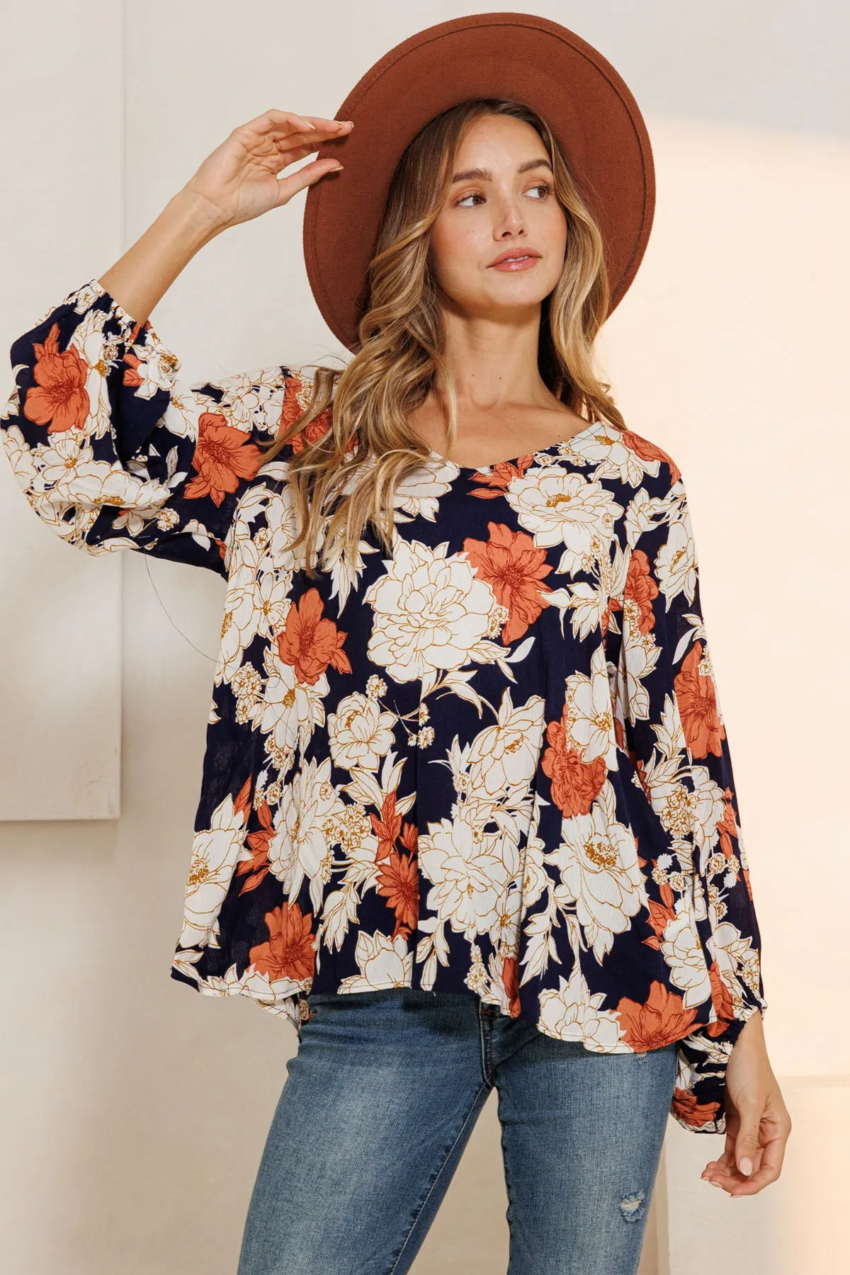 Floral Print V-Neck Long Sleeve Blouse