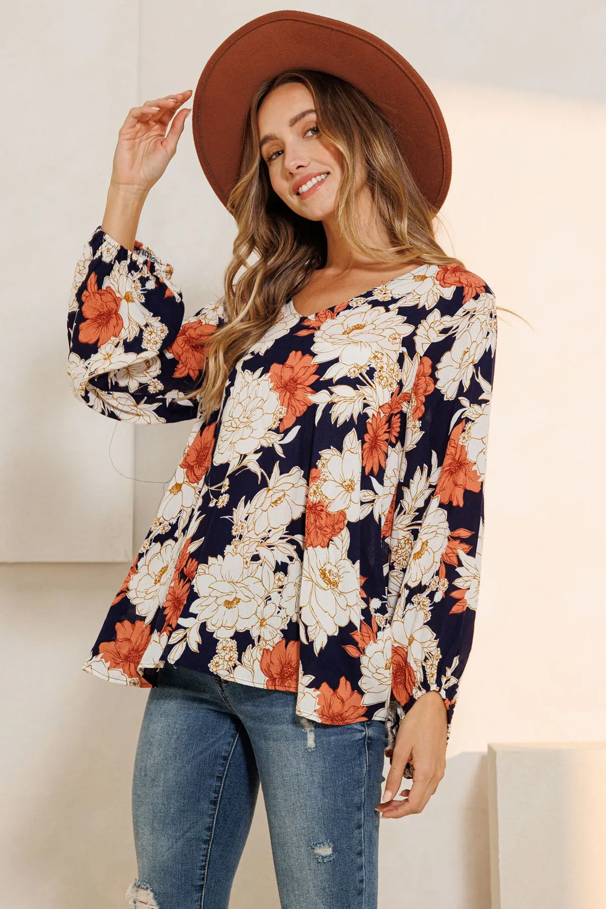 Floral Print V-Neck Long Sleeve Blouse