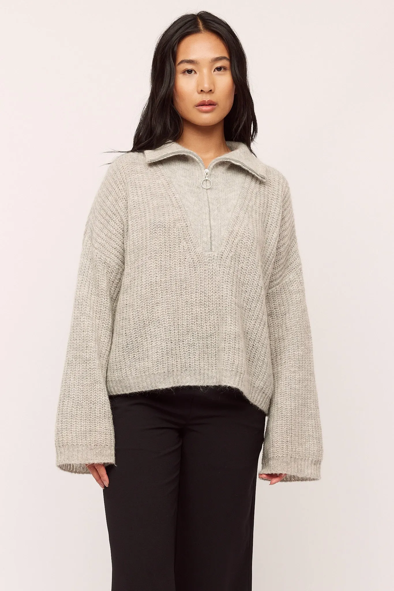 Florie Zip Knit - Lt Grey Melange
